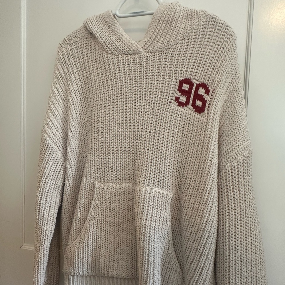Cozy Cream Hooded Sweater with Red Detail